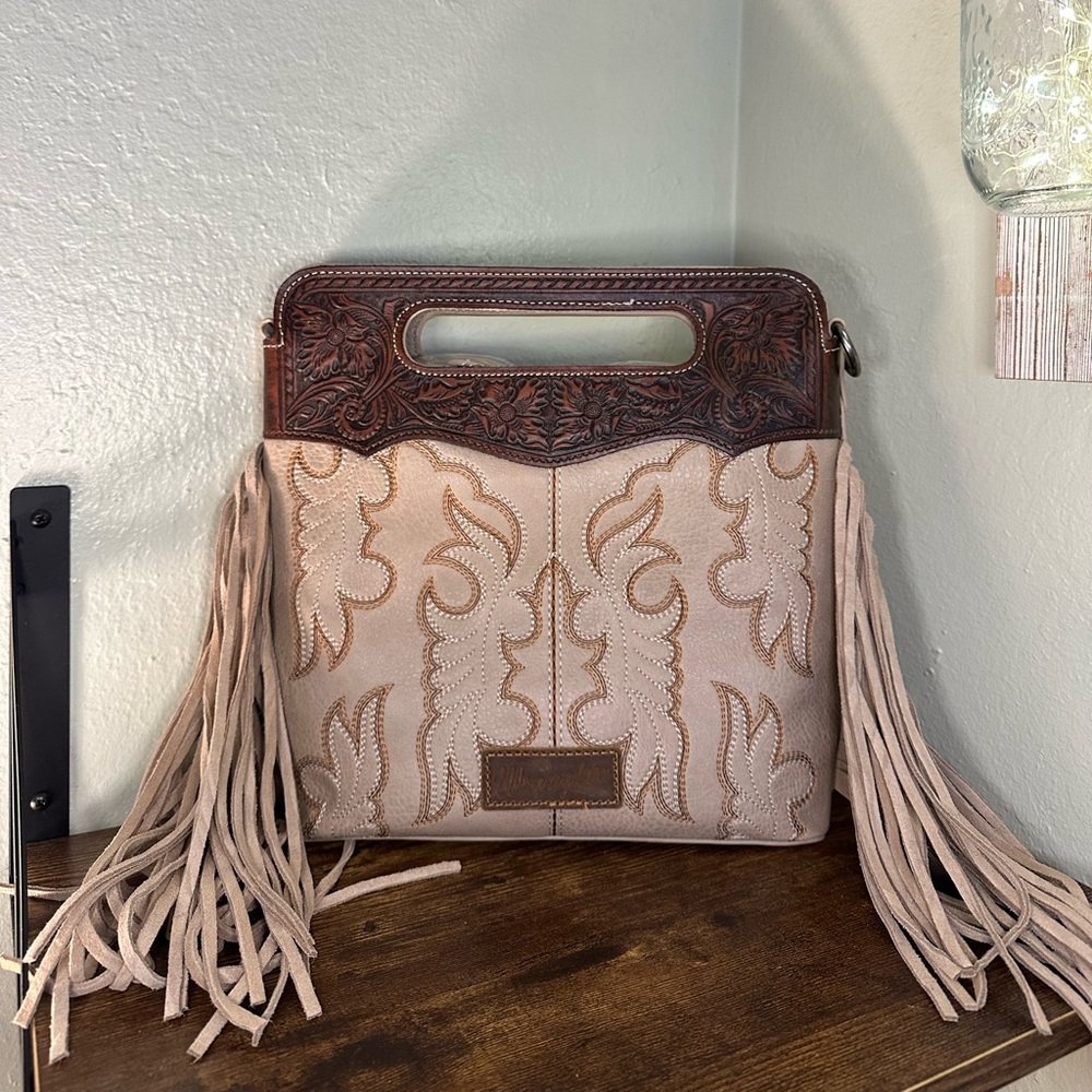 Wrangler Fringe Tote Clutch with Extra Guitar Strap, Tan Embroidered